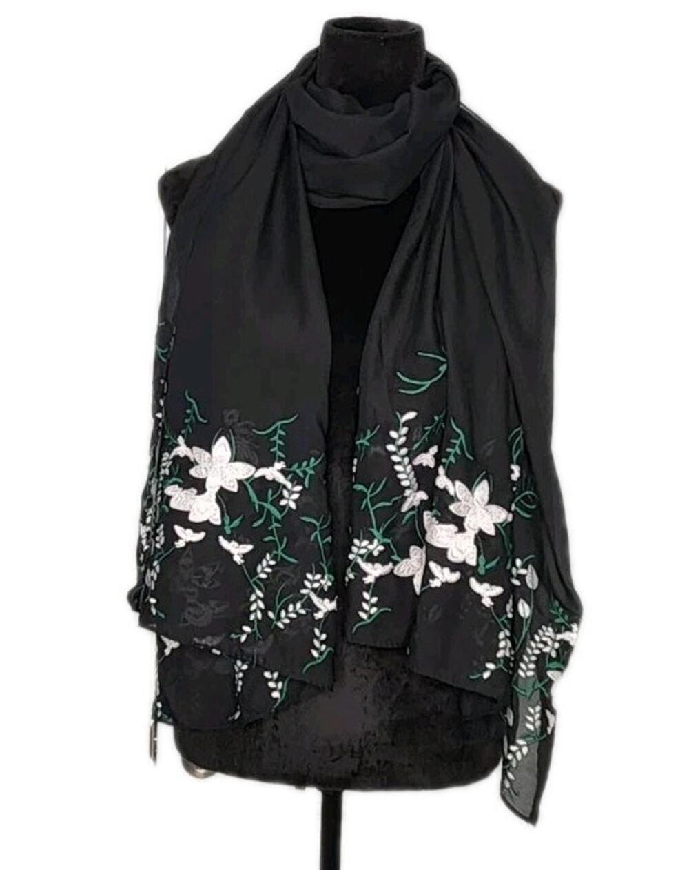 Studio Large Embroided Floral Rectangle Scarf Shawl Wrap Black & Green 27.5"×73"